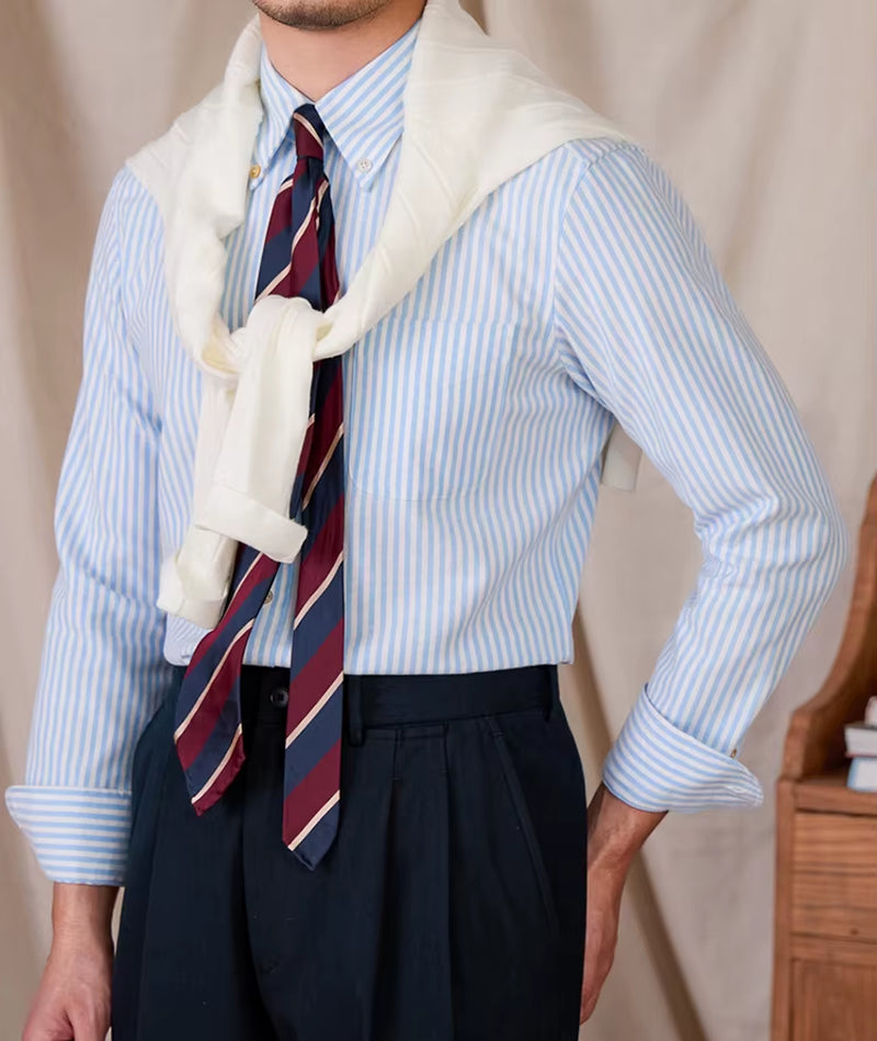 Oxford Cotton Slim-Fit Striped Long-Sleeve Shirt Breathable Casual Business Shirt Gentry IVY Men