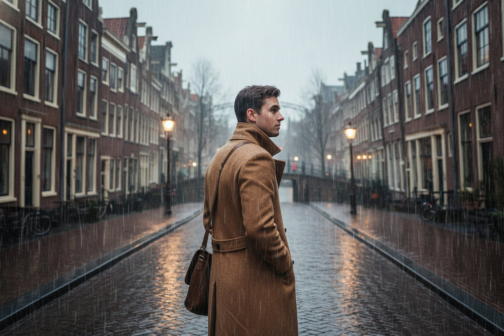 Men Long Woolen Coat Lapel Long Sleeve Solid Color Windbreaker Pockets Double Breasted Solid Color Mid-Length Outwear