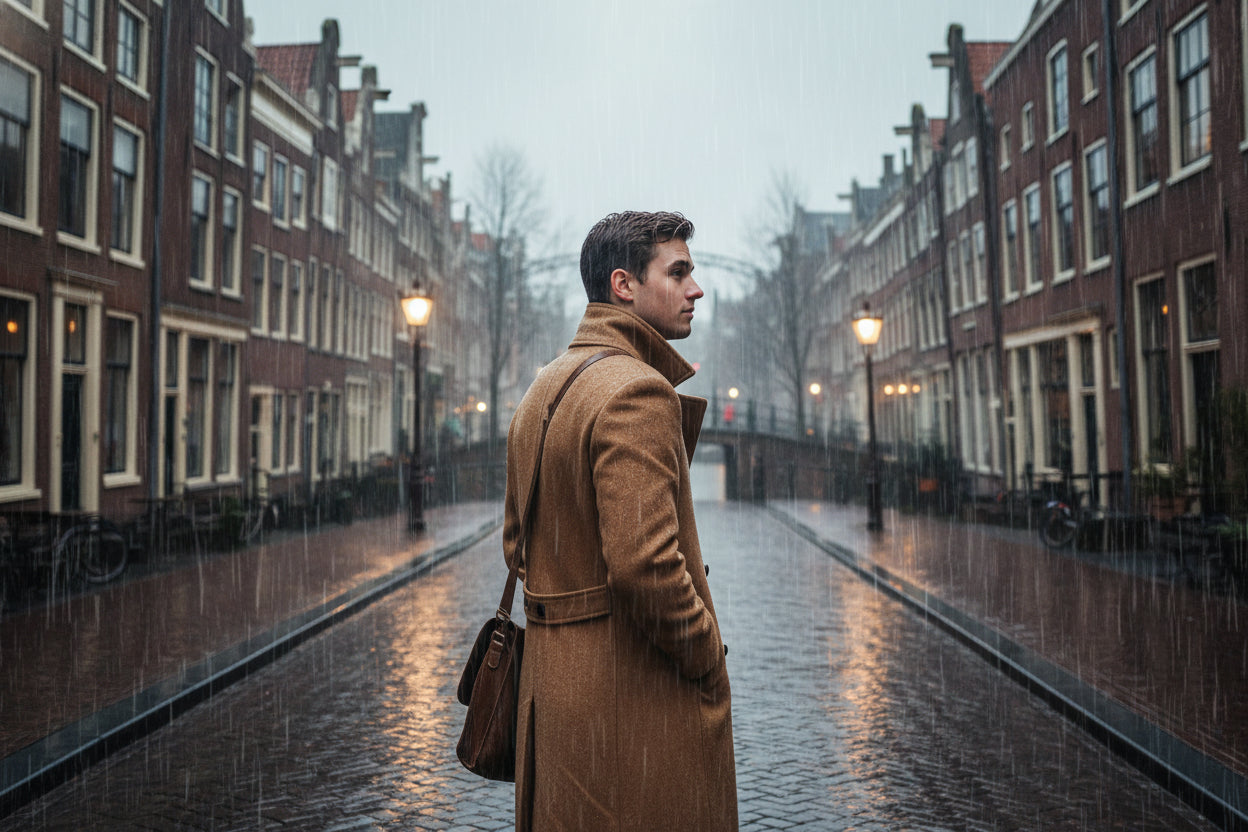 Men Long Woolen Coat Lapel Long Sleeve Solid Color Windbreaker Pockets Double Breasted Solid Color Mid-Length Outwear