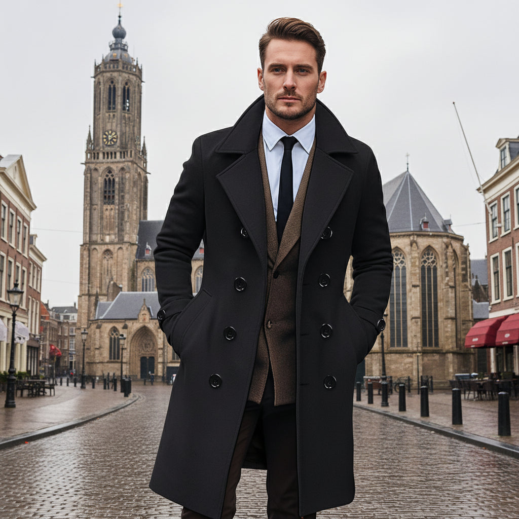 Men Long Woolen Coat Lapel Long Sleeve Solid Color Windbreaker Pockets Double Breasted Solid Color Mid-Length Outwear