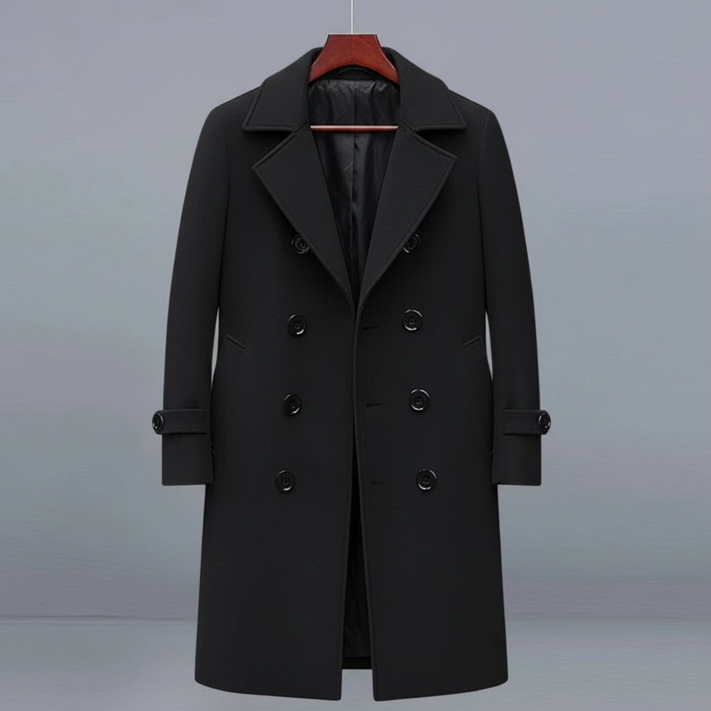 Men Long Woolen Coat Lapel Long Sleeve Solid Color Windbreaker Pockets Double Breasted Solid Color Mid-Length Outwear