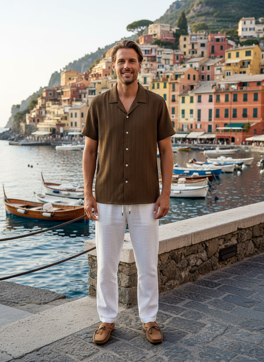 HIMLAND Summer 2025 Men'S Unique Print Cuban Collar Shirt & Shorts Set - Relaxed Fit, Breathable, Must-Have Two-Piece for Beach & Vacation, Old Money, Cozy Outfits