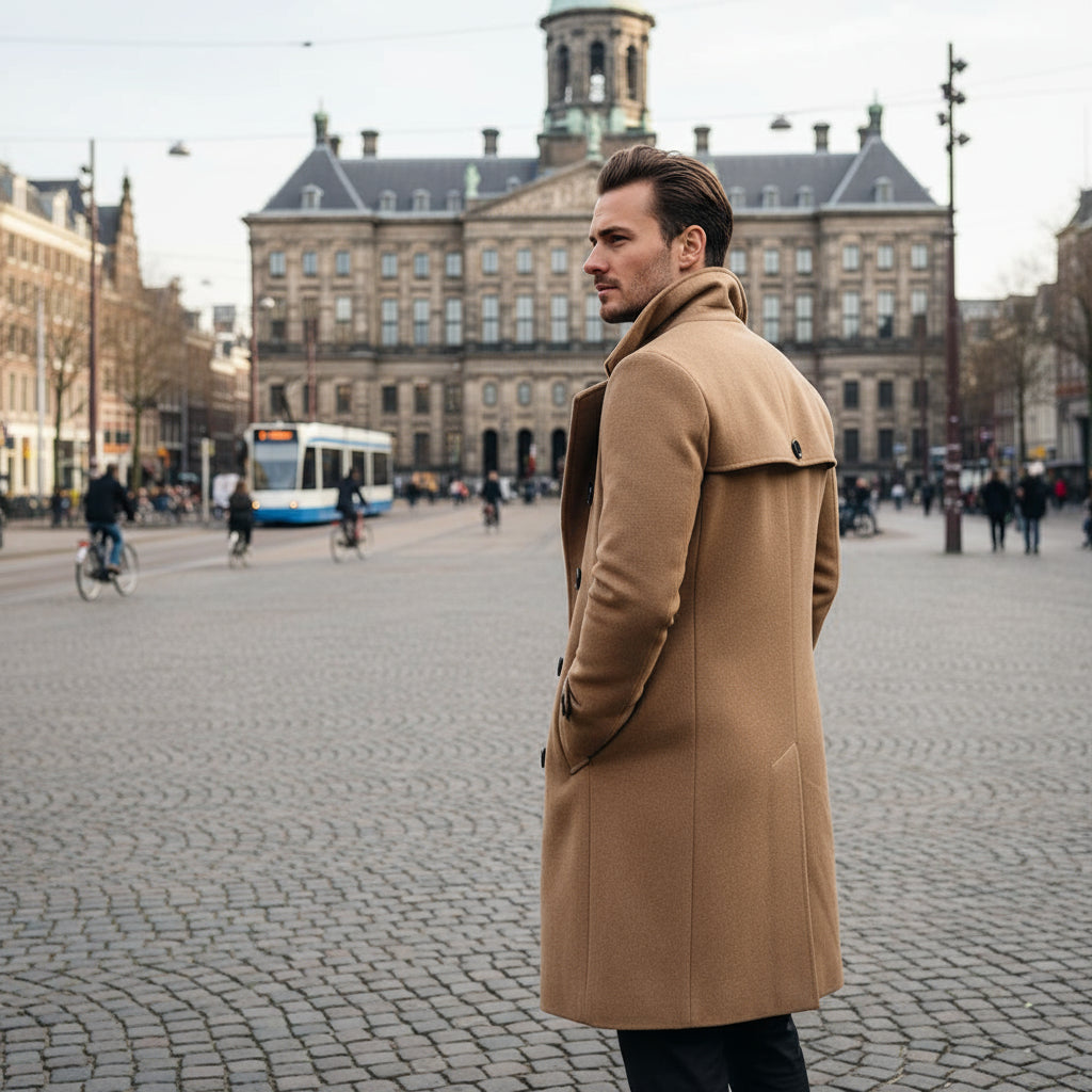 Men Long Woolen Coat Lapel Long Sleeve Solid Color Windbreaker Pockets Double Breasted Solid Color Mid-Length Outwear