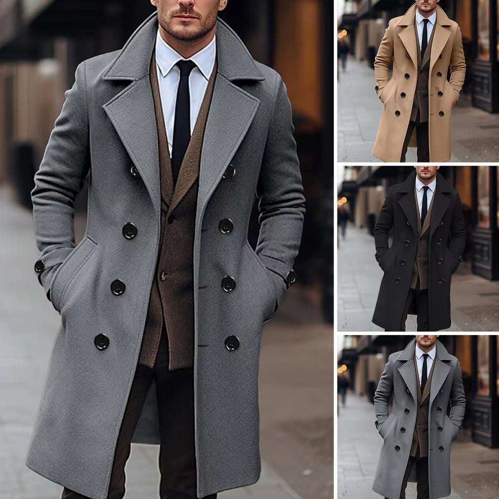 Men Long Woolen Coat Lapel Long Sleeve Solid Color Windbreaker Pockets Double Breasted Solid Color Mid-Length Outwear