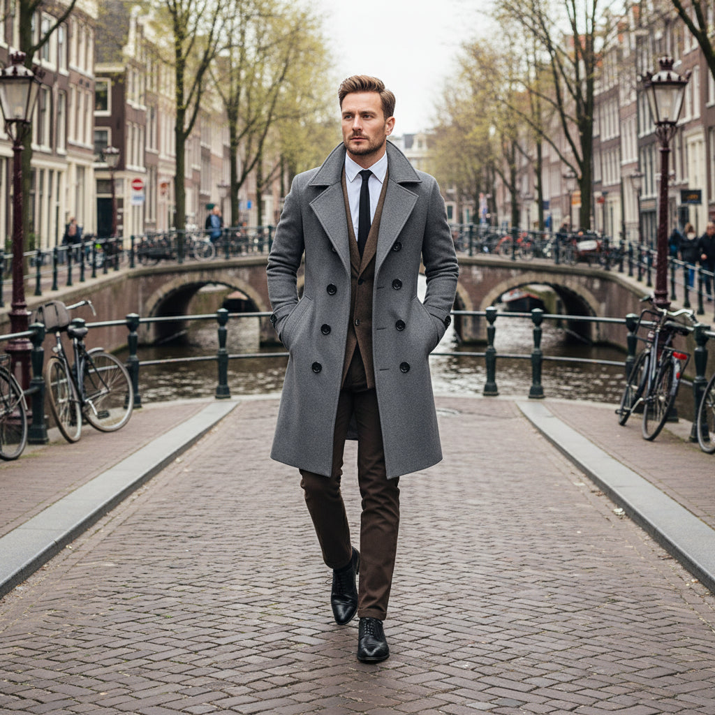 Men Long Woolen Coat Lapel Long Sleeve Solid Color Windbreaker Pockets Double Breasted Solid Color Mid-Length Outwear