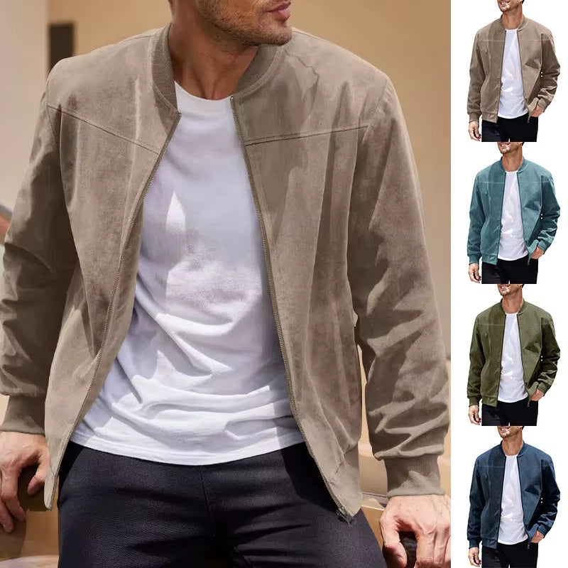 Suede Solid Color Zipper Jacket Casual Vintage Long Sleeve Cardigan Jacket Men Sky Jacket Varsity Jacket Men Clothing